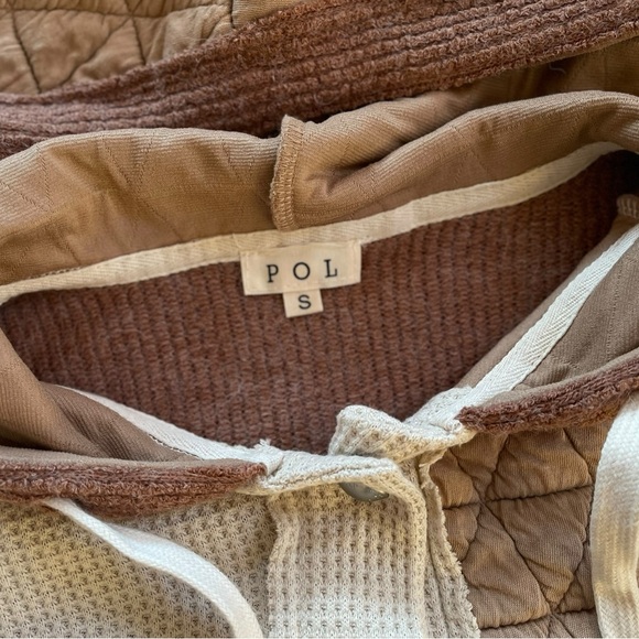 Pol Quilted Pieced Raw Edge Waffle Hooded Jacket S Oversized Brown Tan Cream - Picture 2 of 6